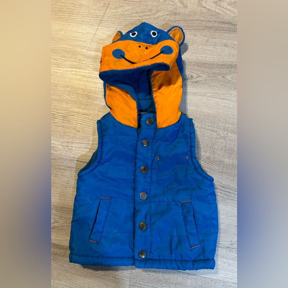 Toddler  Cartoon Hooded Puffer Vest Jacket/Coat. Size 12M. Blue & Orange.